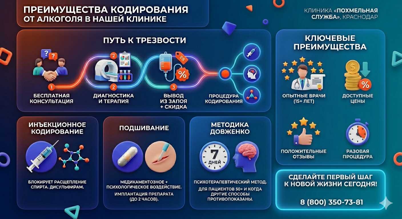 Инфографика о методах кодирования от алкоголя в Черниговке: инъекции, подшивание, метод Довженко. Преимущества клиники и этапы лечения.